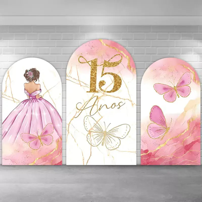 Elegant 3-piece ‘15 Años’ quinceañera backdrop set featuring a pink ball gown, golden butterflies, and marble textures with gold accents, perfect for 15th birthday celebrations and photo booths.