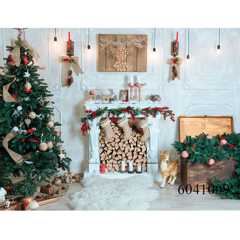 Christmas Tree Room Interior Photography Background Winter Fireplace Baby Holiday Party Home Decoration Photo Booth Backdrops