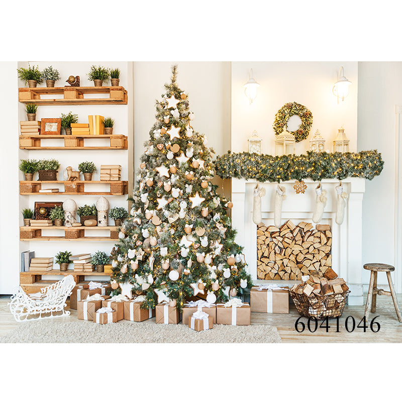 Christmas Tree Room Interior Photography Background Winter Fireplace Baby Holiday Party Home Decoration Photo Booth Backdrops