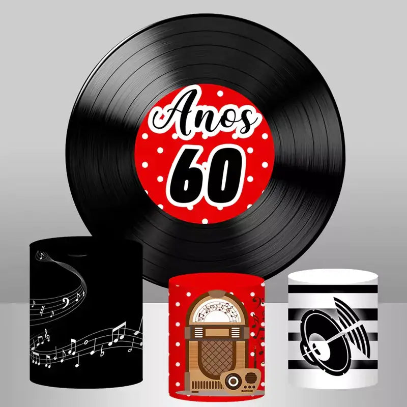 60s party decor set featuring black record backdrop, jukebox stand and musical note plinth wraps