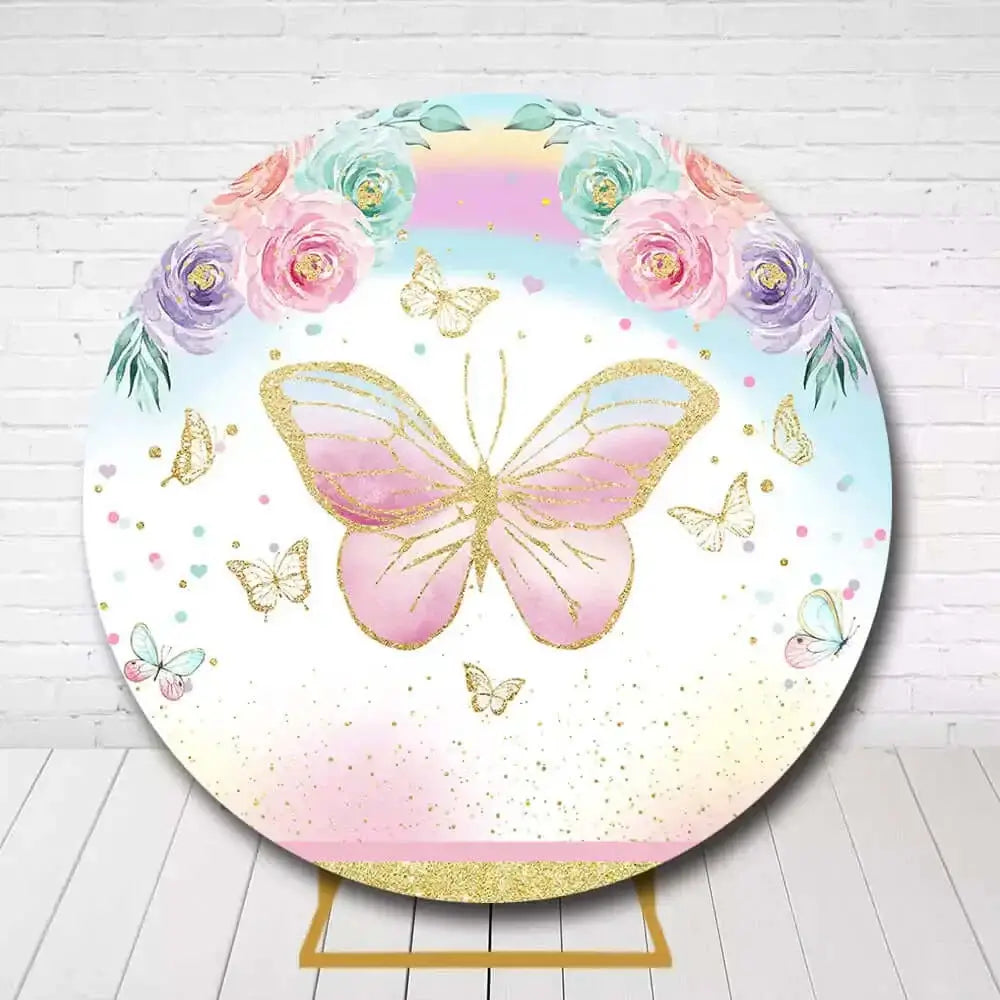 Girls Butterfly Circle Backdrop – Glitter and Floral Theme for Birthday Party