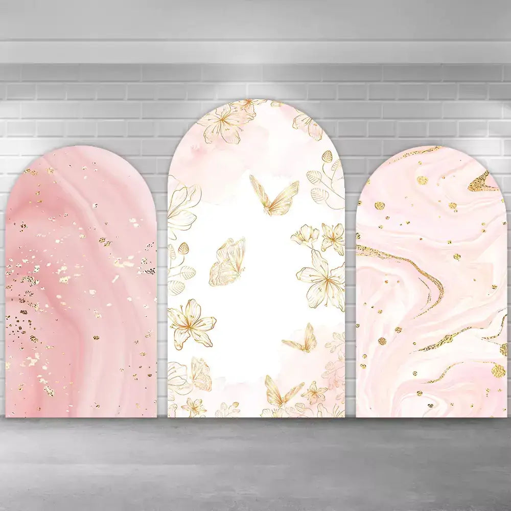Pink Marble Style Gold Butterfly Arch Backdrop Cover