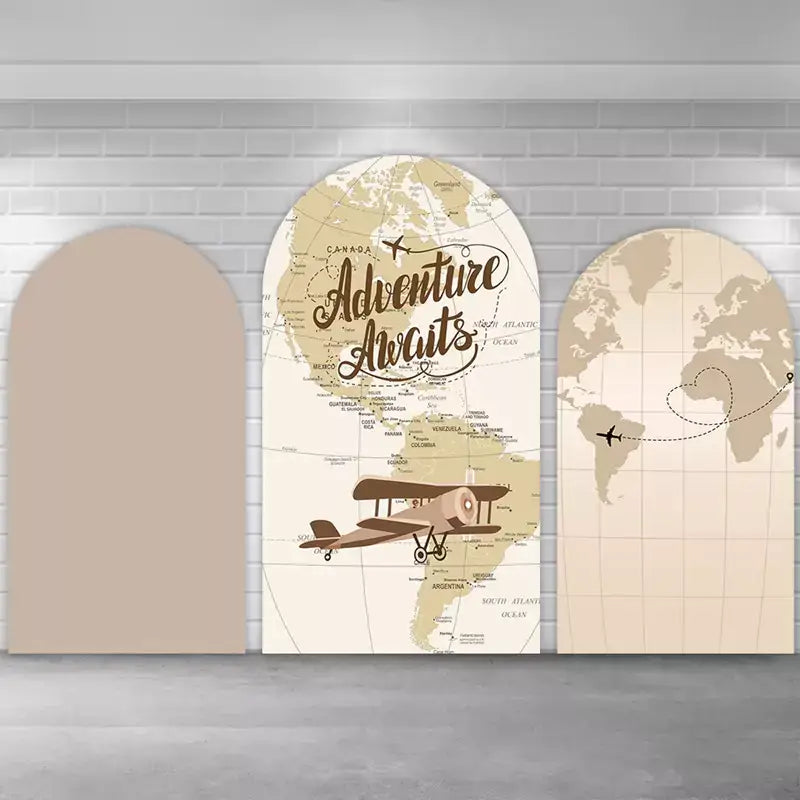 Neutral travel backdrop set including a world atlas center arch with airplane art, a minimalist beige panel, and a right arch featuring a global map and dotted flight route.