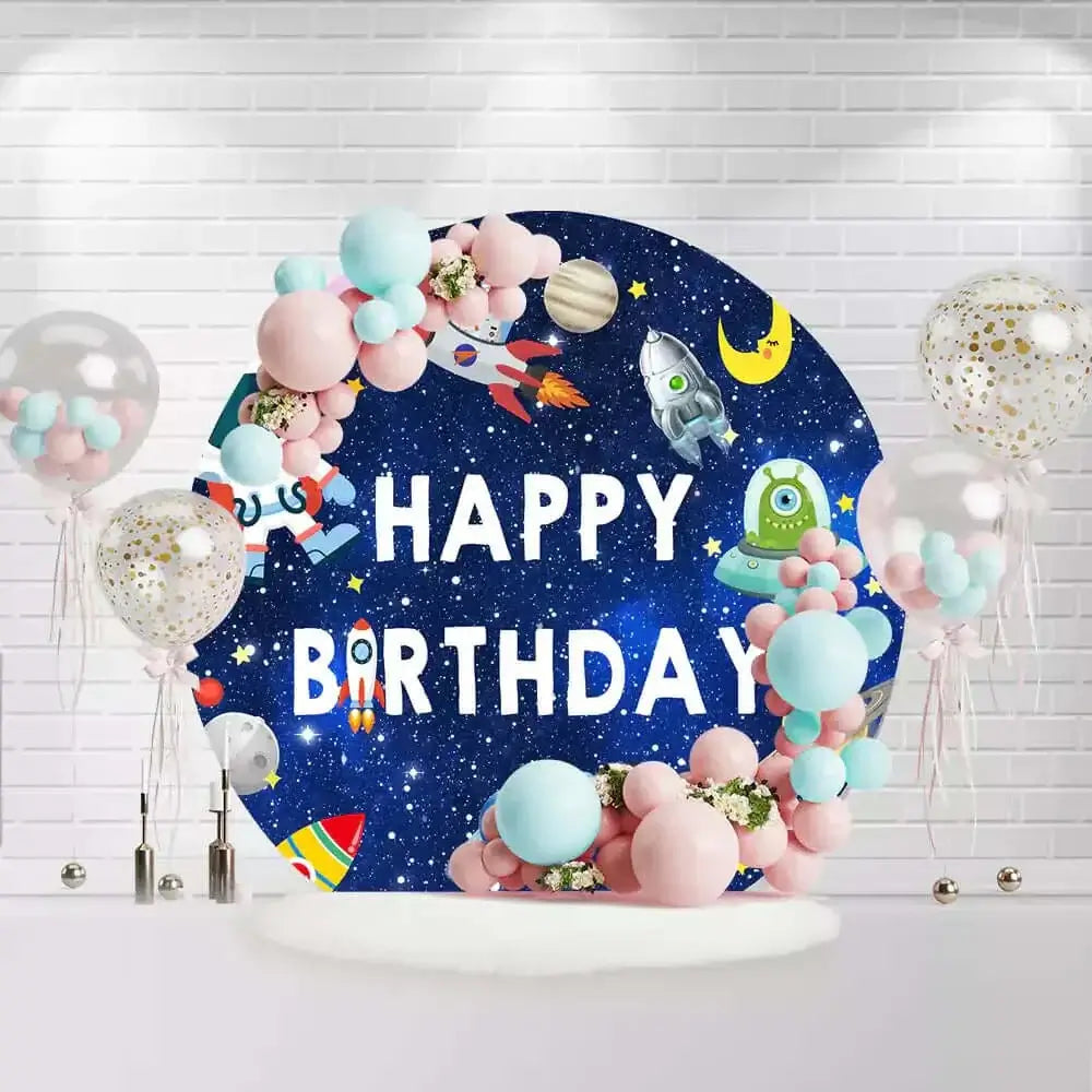 Outer space circle backdrop featuring stars, rockets, astronaut, and Happy Birthday text