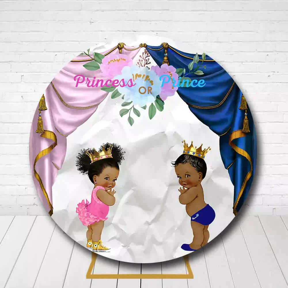 Elegant "Princess or Prince" gender reveal backdrop with two babies in crowns, pink and blue curtains, and floral details