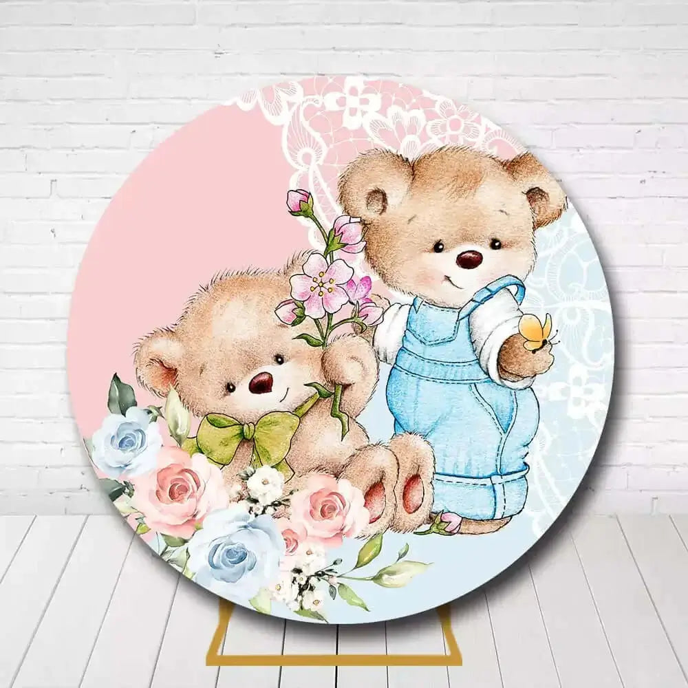Adorable teddy bear circle backdrop for baby shower, featuring pink and blue floral accents