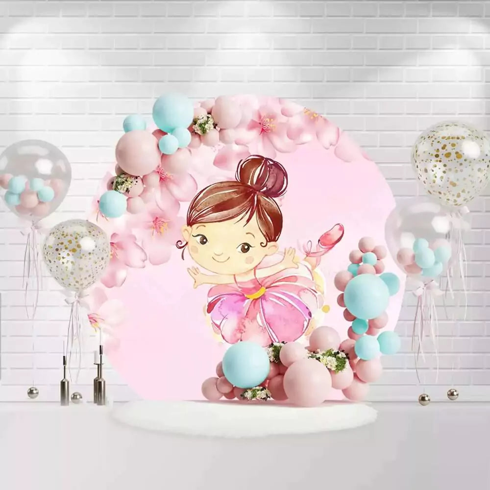 Round ballerina backdrop with cute girl in pink tutu and floral background