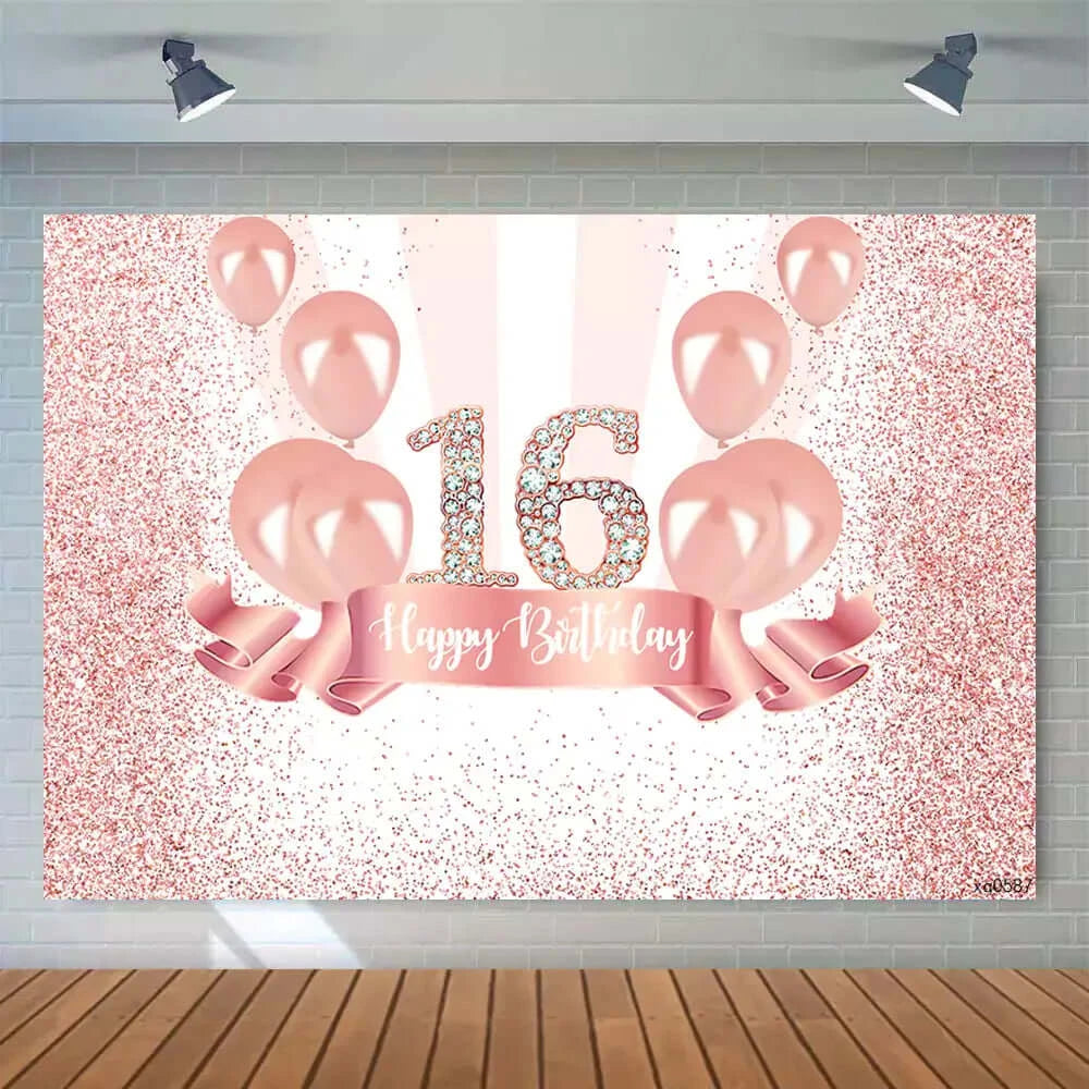 Balloons Diamond Glitter Sweet 16 Photography Backdrop