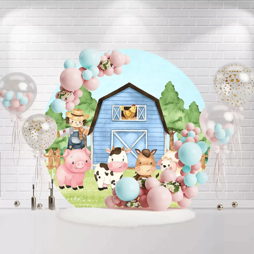 Round farm backdrop with blue barn, pig, cow, horse, sheep, and trees
