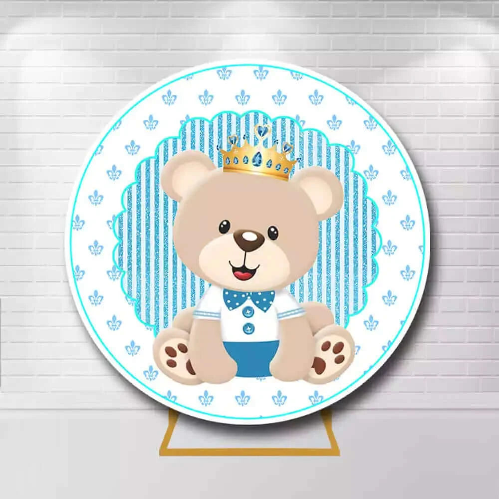 Blue Striped Crown Bear Theme Boys Newborn Round Backdrop