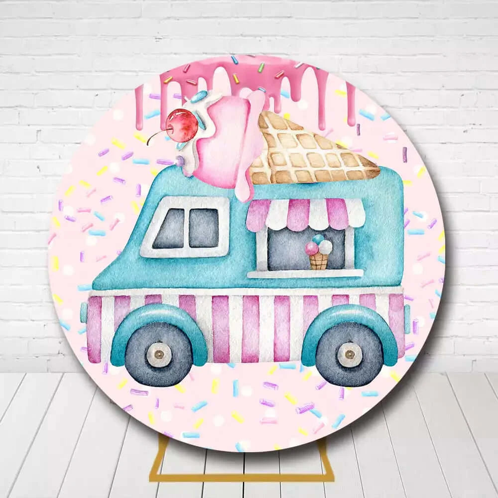 Ice cream truck themed round backdrop for birthday parties with pink drizzle