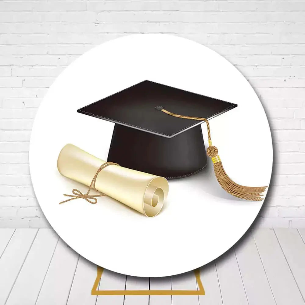 Simple circle backdrop featuring graduation hat and rolled diploma for party decoration