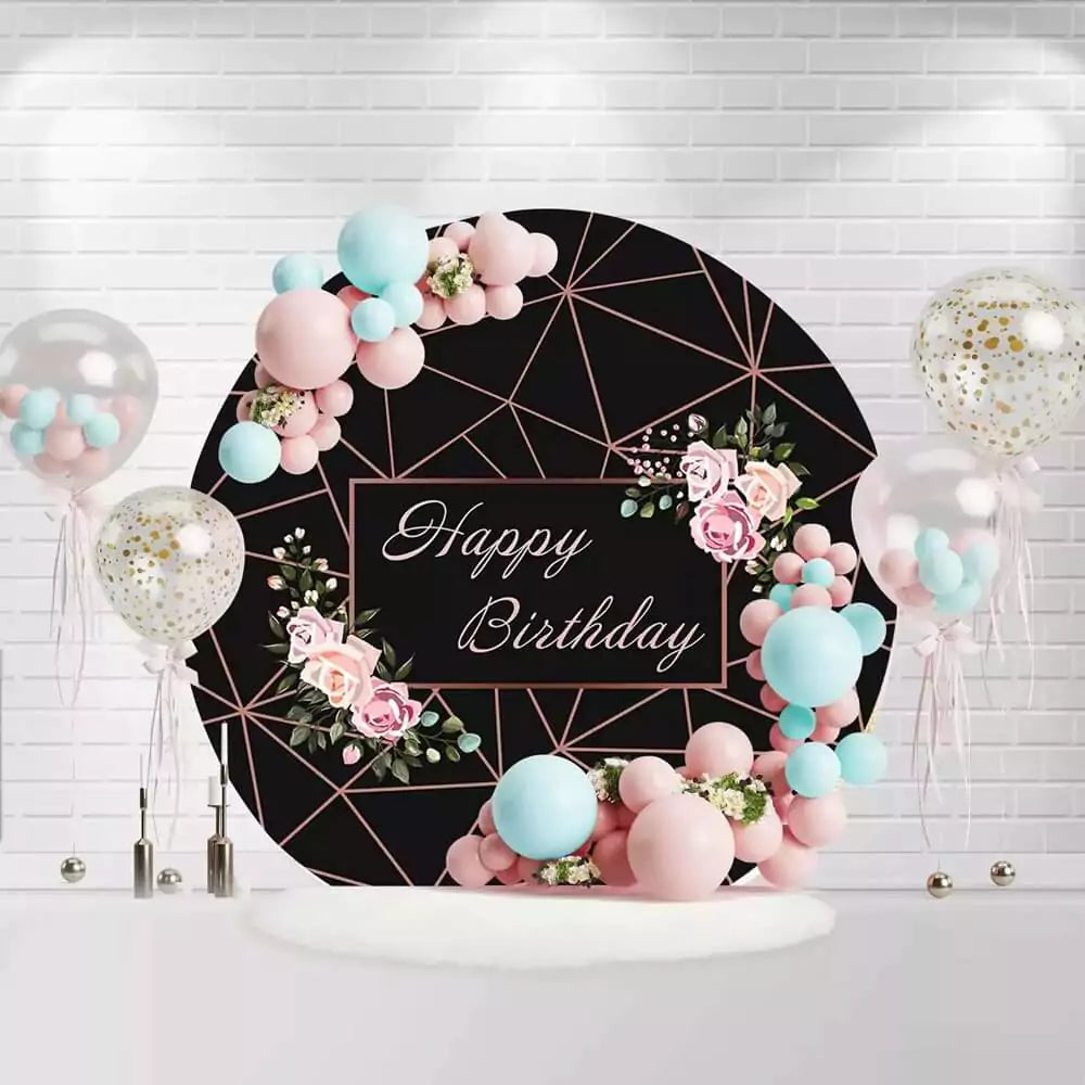 Round Happy Birthday backdrop with black geometric design and pink roses