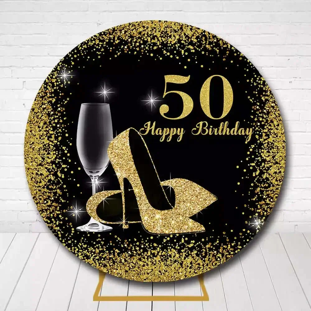 Elegant milestone birthday circle backdrop featuring gold heels and sparkling design