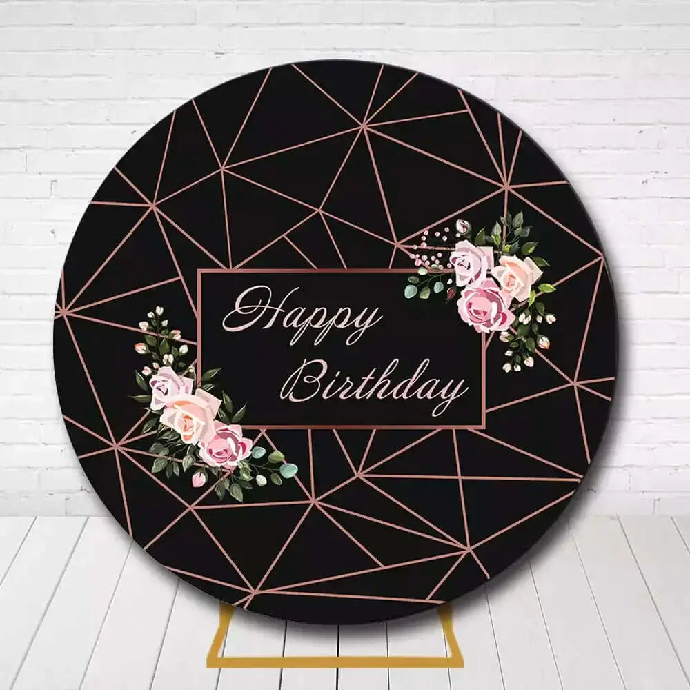 Black and pink floral round birthday backdrop with geometric background