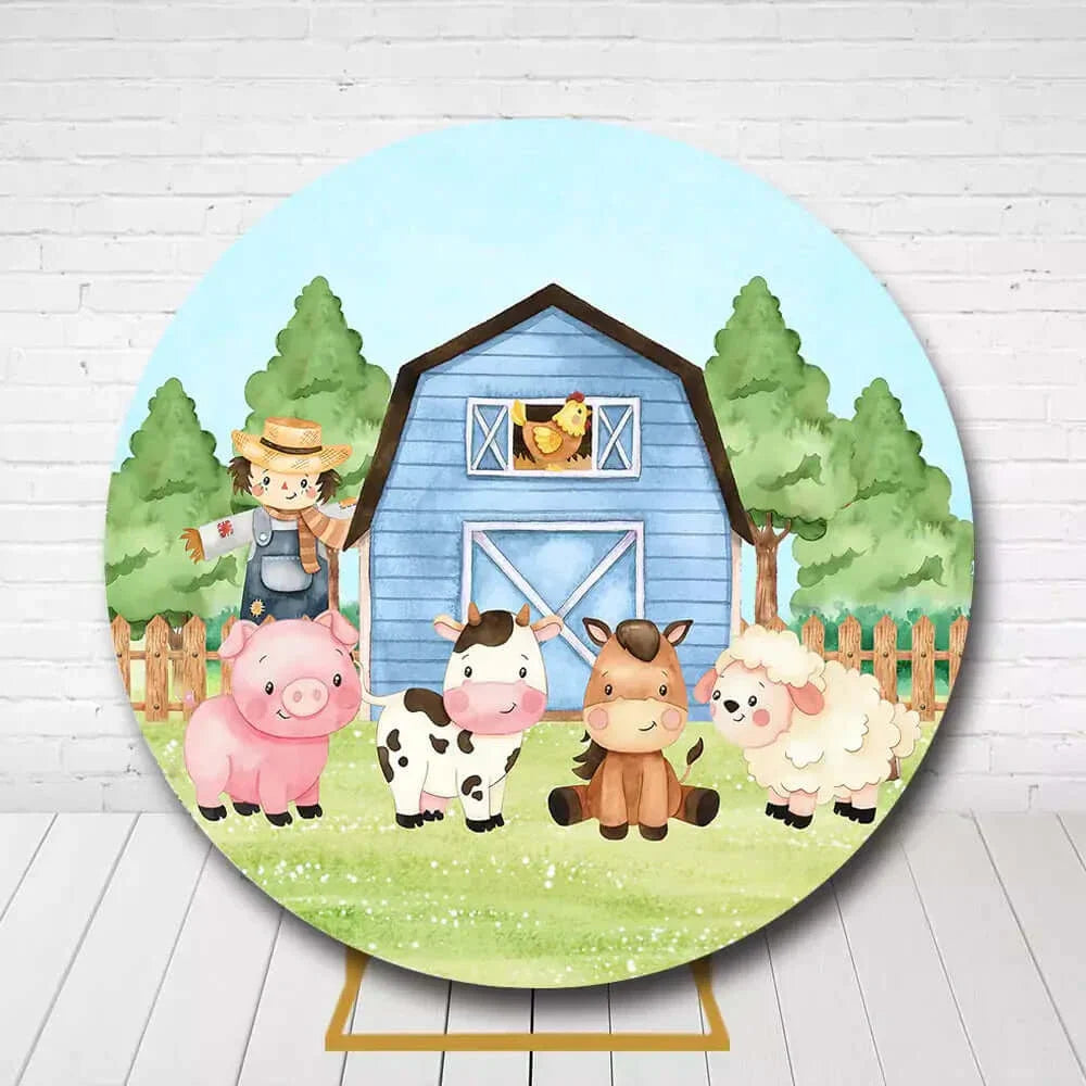Barnyard circle backdrop featuring farm animals and scarecrow for kids party