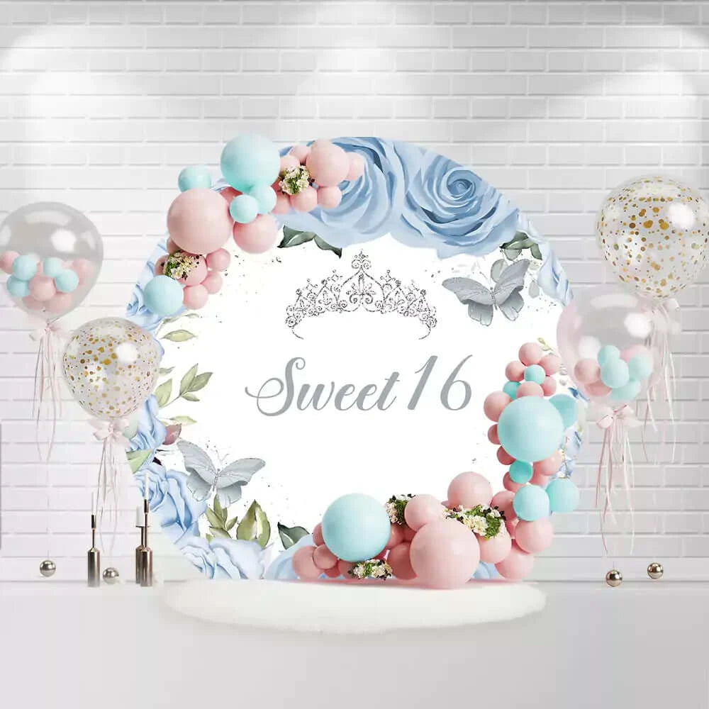 Round birthday backdrop with blue roses and butterflies for Sweet 16 party decoration