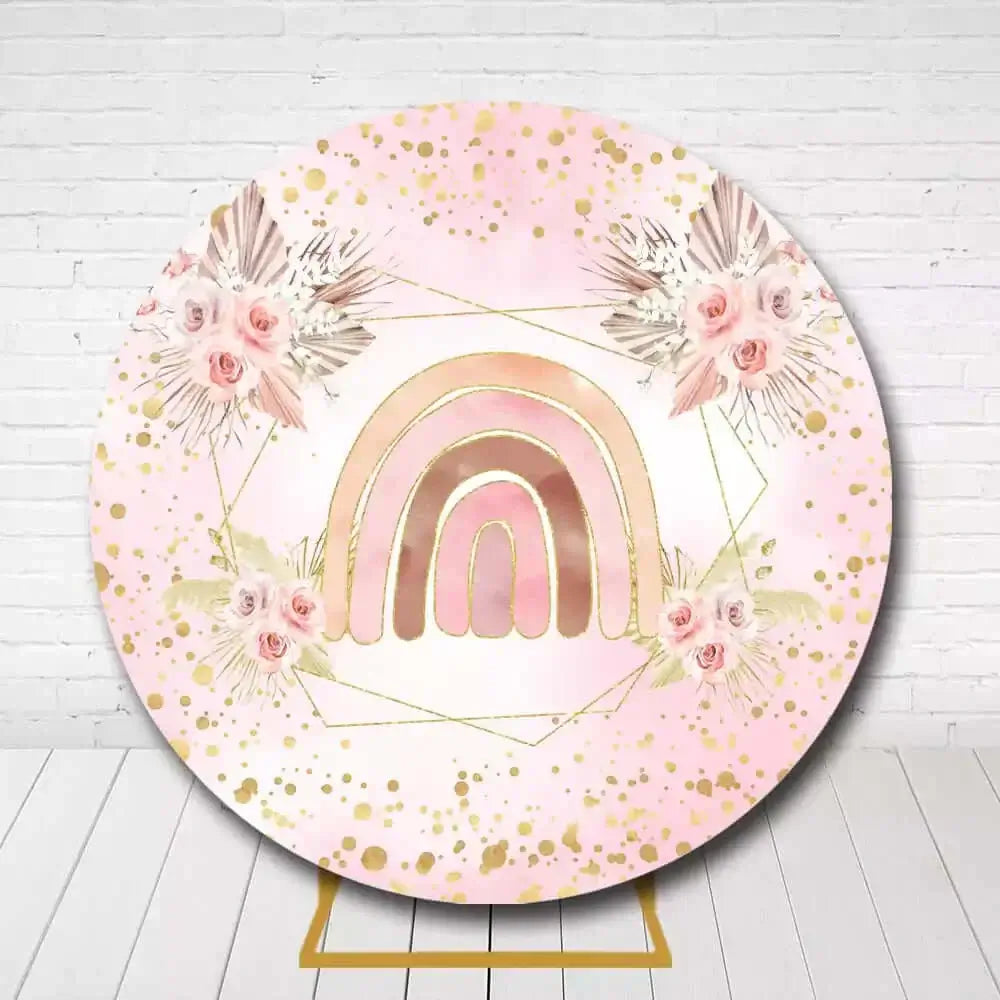 Floral boho rainbow birthday backdrop with soft pink colors and gold specks, perfect for a girl’s birthday celebration