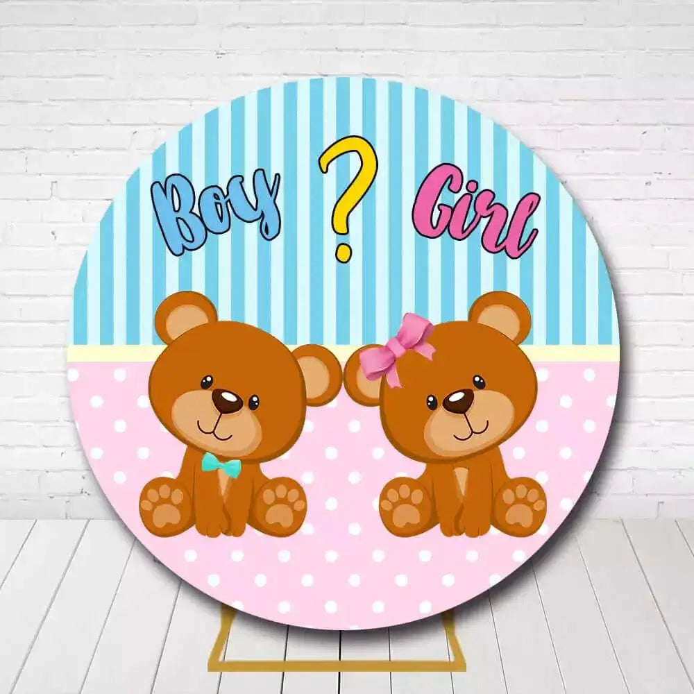 Cute baby shower circle backdrop featuring teddy bears with bow tie and bow for gender reveal party