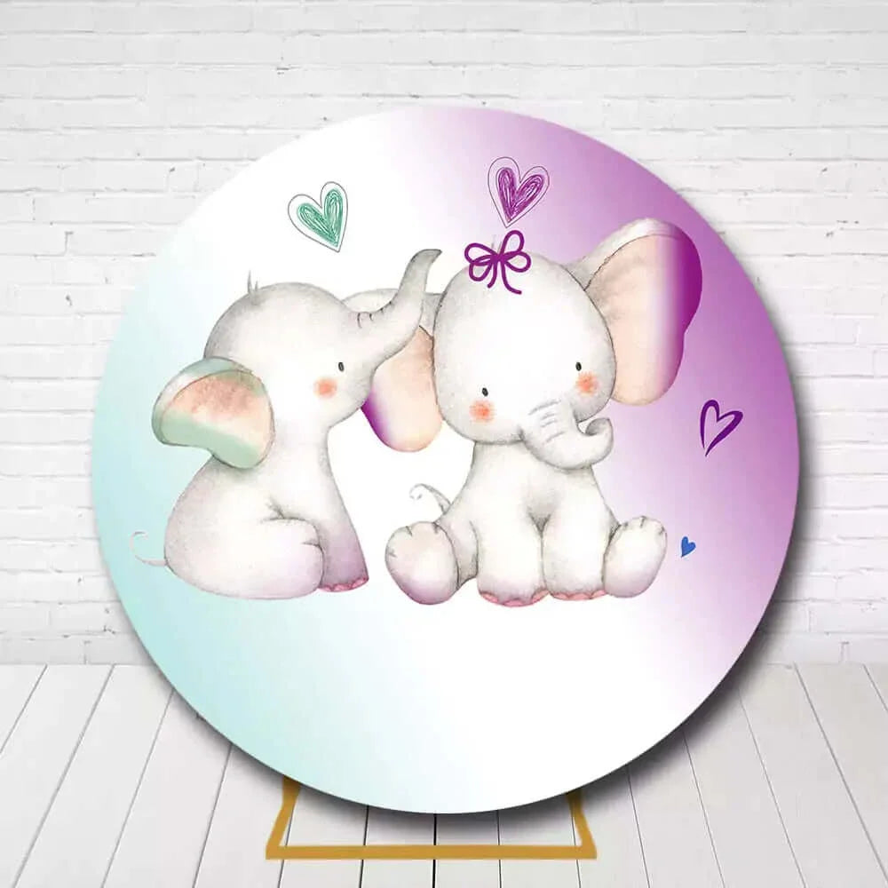 Adorable round backdrop featuring elephants with hearts for baby shower party decoration