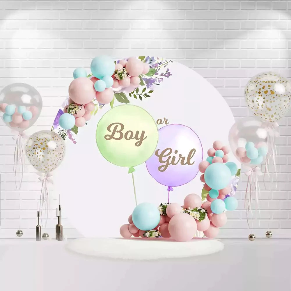 Round gender reveal backdrop with boy or girl balloons and purple floral design