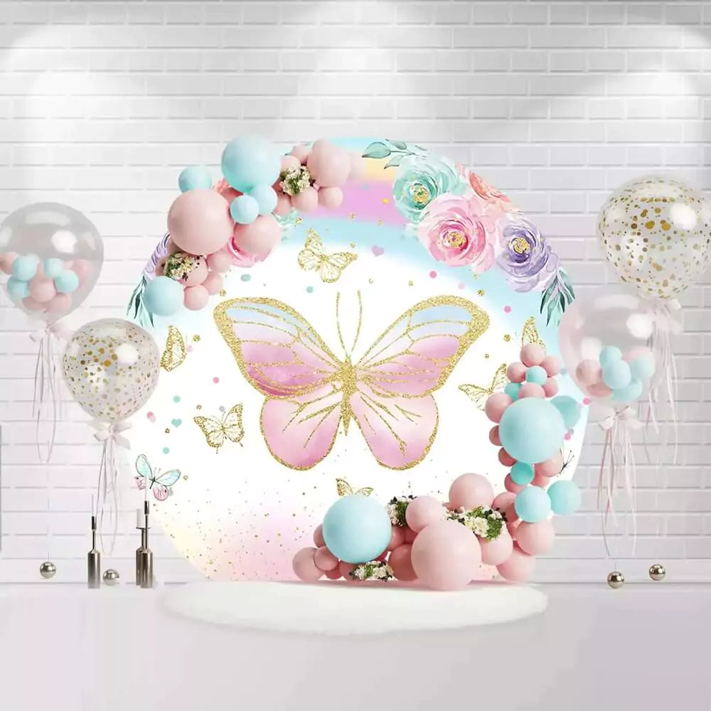 Round butterfly birthday backdrop with pastel flowers, glittering butterflies, and soft gradient background