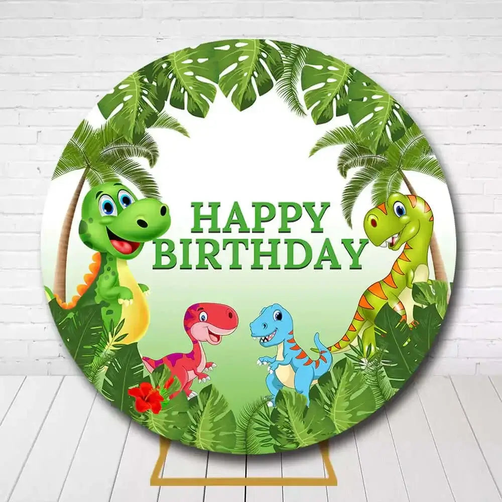 Colorful dino circle backdrop featuring green, blue, and red dinosaurs for kids party