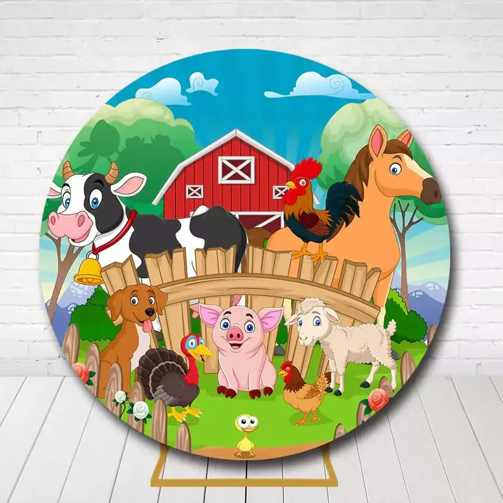 Farm animals round backdrop with pig, cow, dog, and chicken for children’s party photo booth