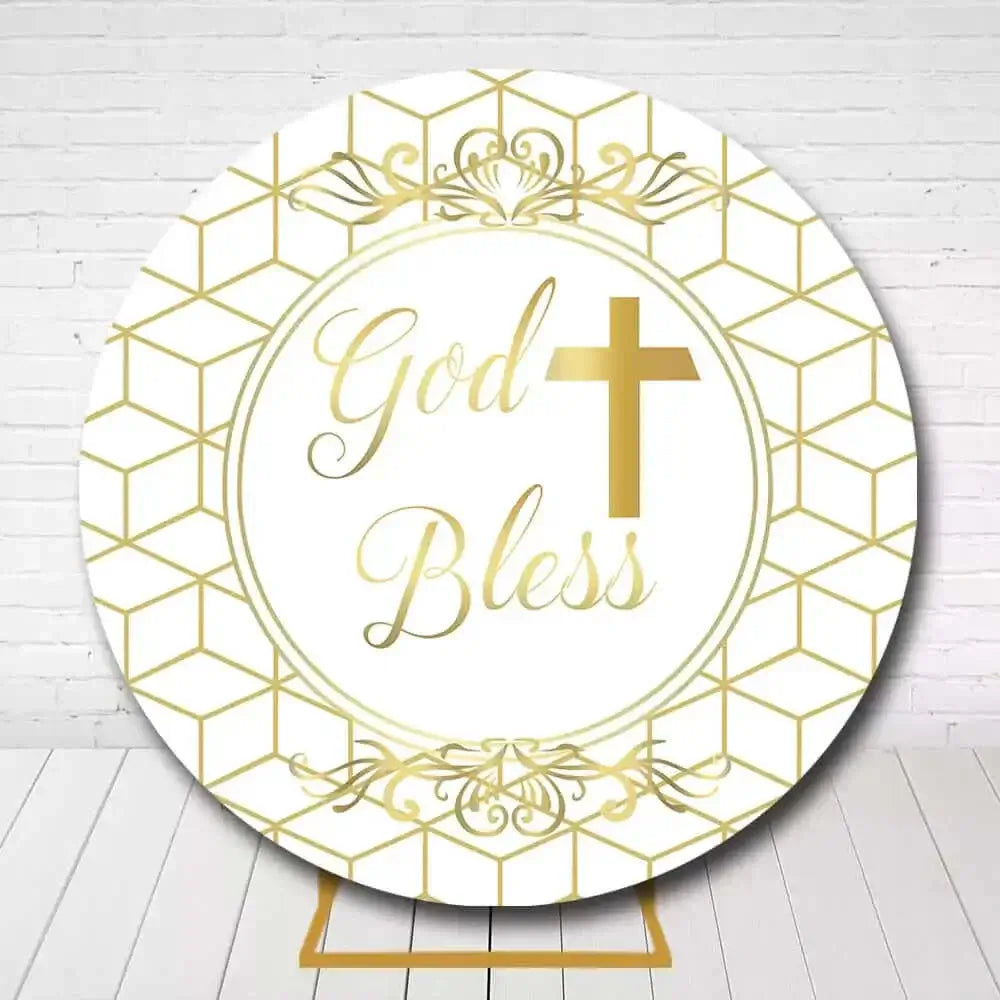 Elegant white and gold circle backdrop with God Bless text for religious celebrations
