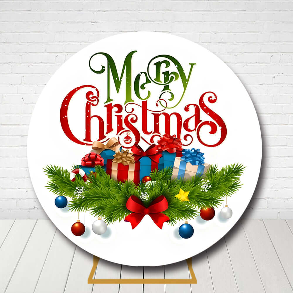 Festive Christmas party circle backdrop with presents, red bow, and decorations