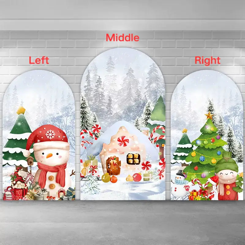 Holiday arch trio with watercolor-style Christmas trees, a gingerbread cottage, festive decorations, gifts, and cheerful winter characters—ideal for holiday parties or kids’ Christmas photos.