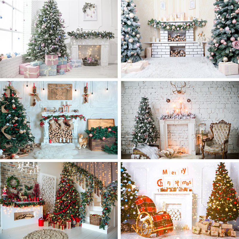 Christmas Tree Room Interior Photography Background Winter Fireplace Baby Holiday Party Home Decoration Photo Booth Backdrops