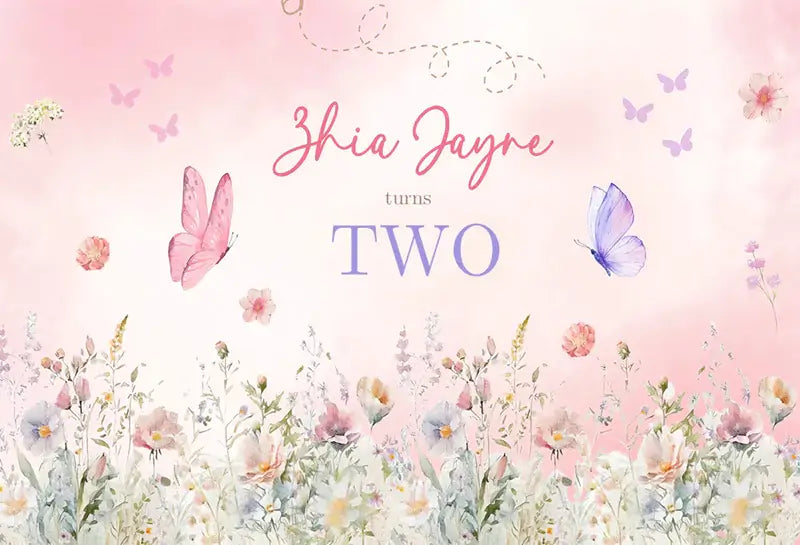 Custom pink garden birthday backdrop for girls, with flowers, butterflies, and personalized text.