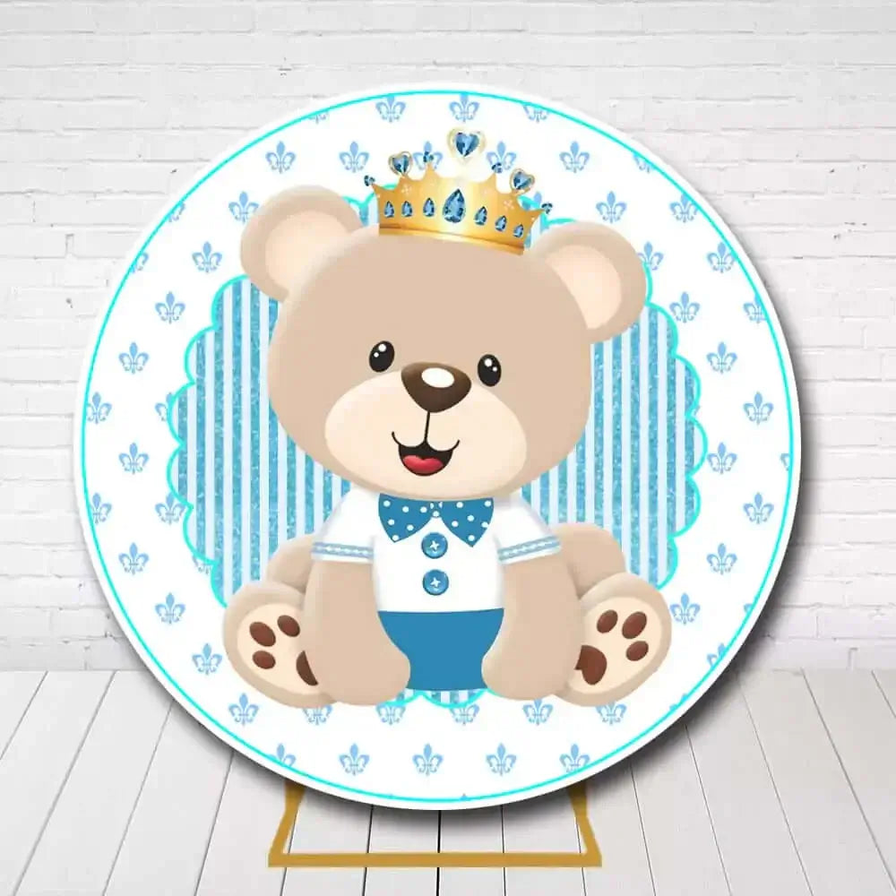 Cute bear baptism circle backdrop featuring blue floral pattern and striped background