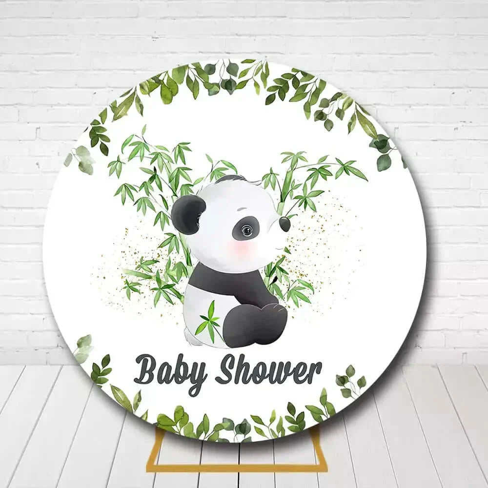 Panda baby shower round backdrop with green bamboo leaves for nature-themed party