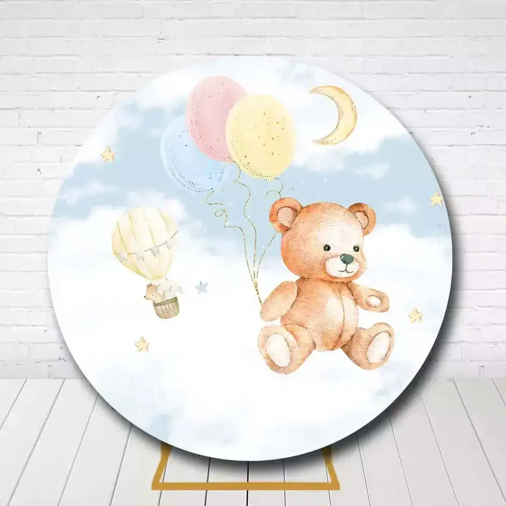 Baby shower backdrop with teddy bear, balloons, moon, and dreamy sky theme