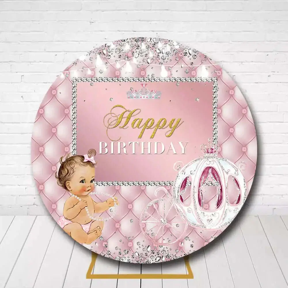 Baby girl princess theme circle backdrop with diamond accents and baby carriage design