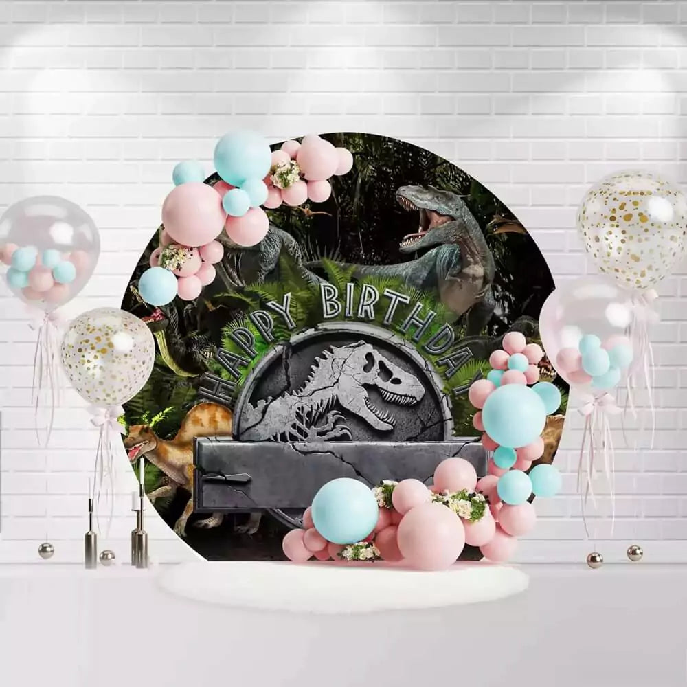 Round Happy Birthday dinosaur backdrop with jungle background and multiple dinosaurs