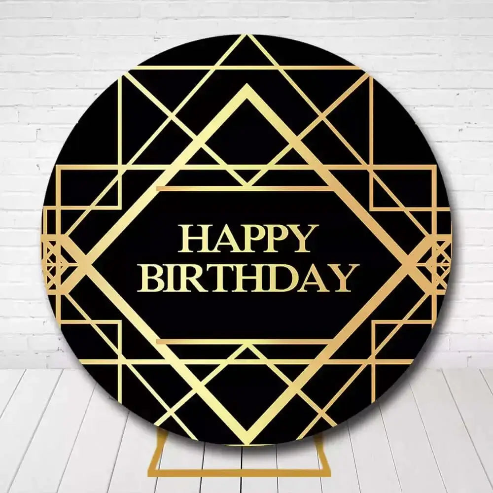 Black and gold round birthday backdrop with geometric design for photo booth
