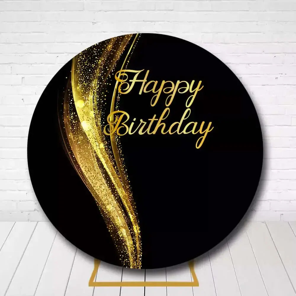 Elegant circle birthday backdrop featuring golden glitter accents on black background