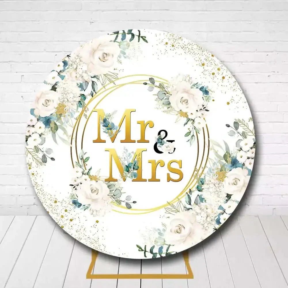 White and green floral Mr and Mrs backdrop with golden circle design