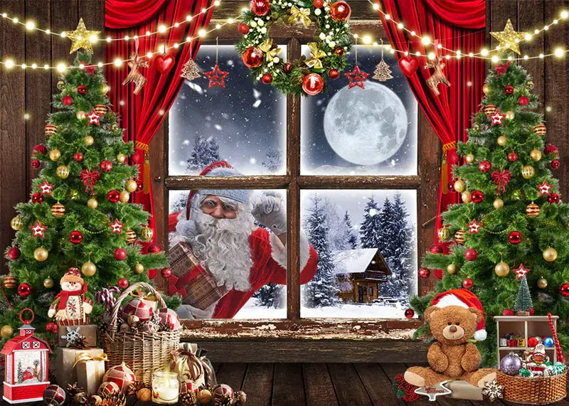 Santa Claus-themed Christmas party photo backdrop with gifts, holiday decorations, and a full moon view.