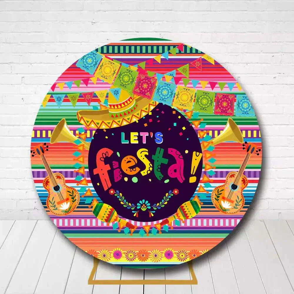 Vibrant fiesta party round backdrop featuring musical instruments and Mexican theme