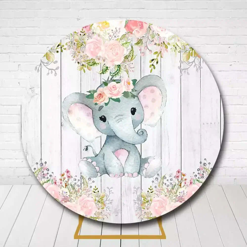 Pastel elephant party backdrop with flowers and wooden background for baby shower