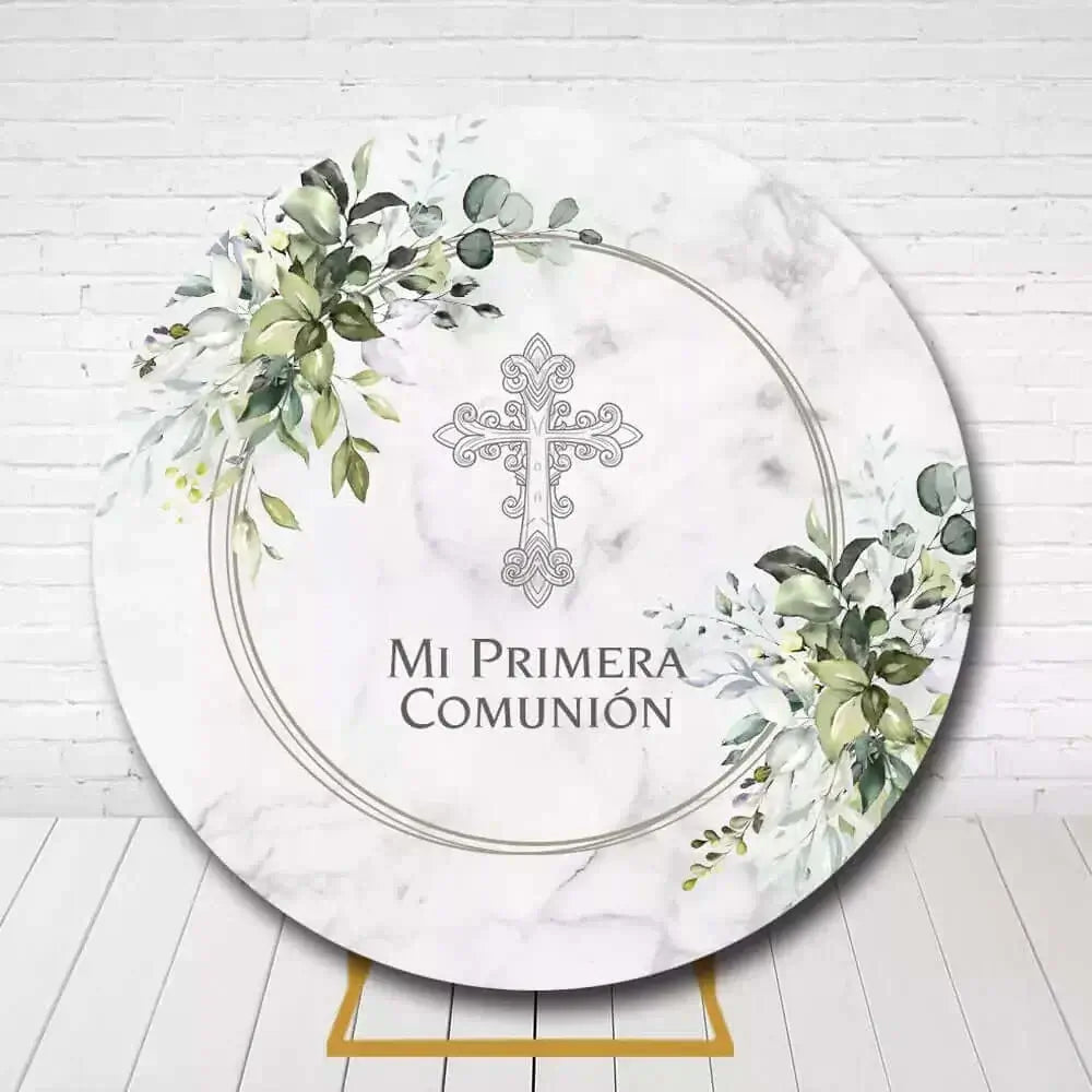 Religious First Communion circle backdrop with delicate greenery and cross symbol