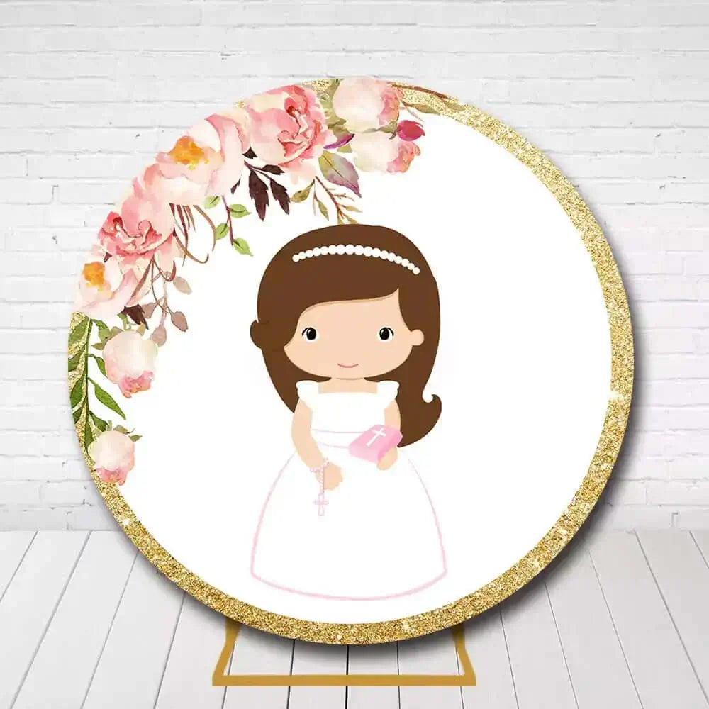 Floral first communion backdrop with a cute girl holding a cross, white dress, and a soft pink and gold theme