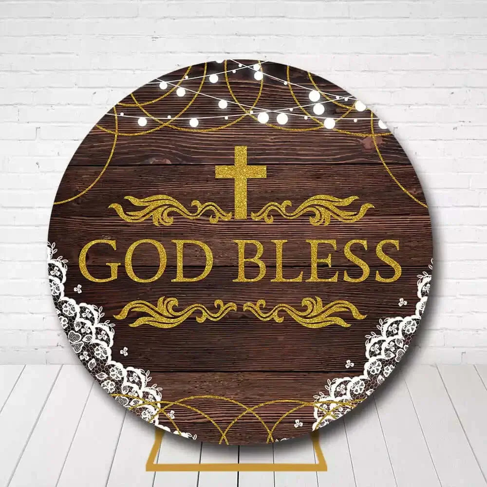Religious circle backdrop featuring God Bless text, cross, and lights for baptism or communion