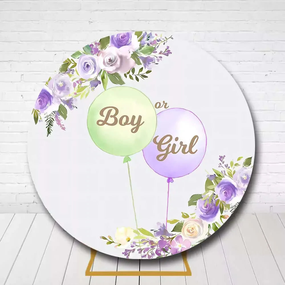 Baby shower circle backdrop featuring pastel balloons and flowers for gender reveal party