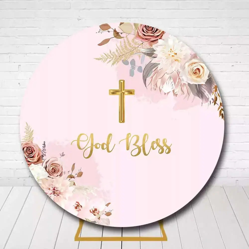 God Bless party backdrop with pink roses and floral decorations for religious event