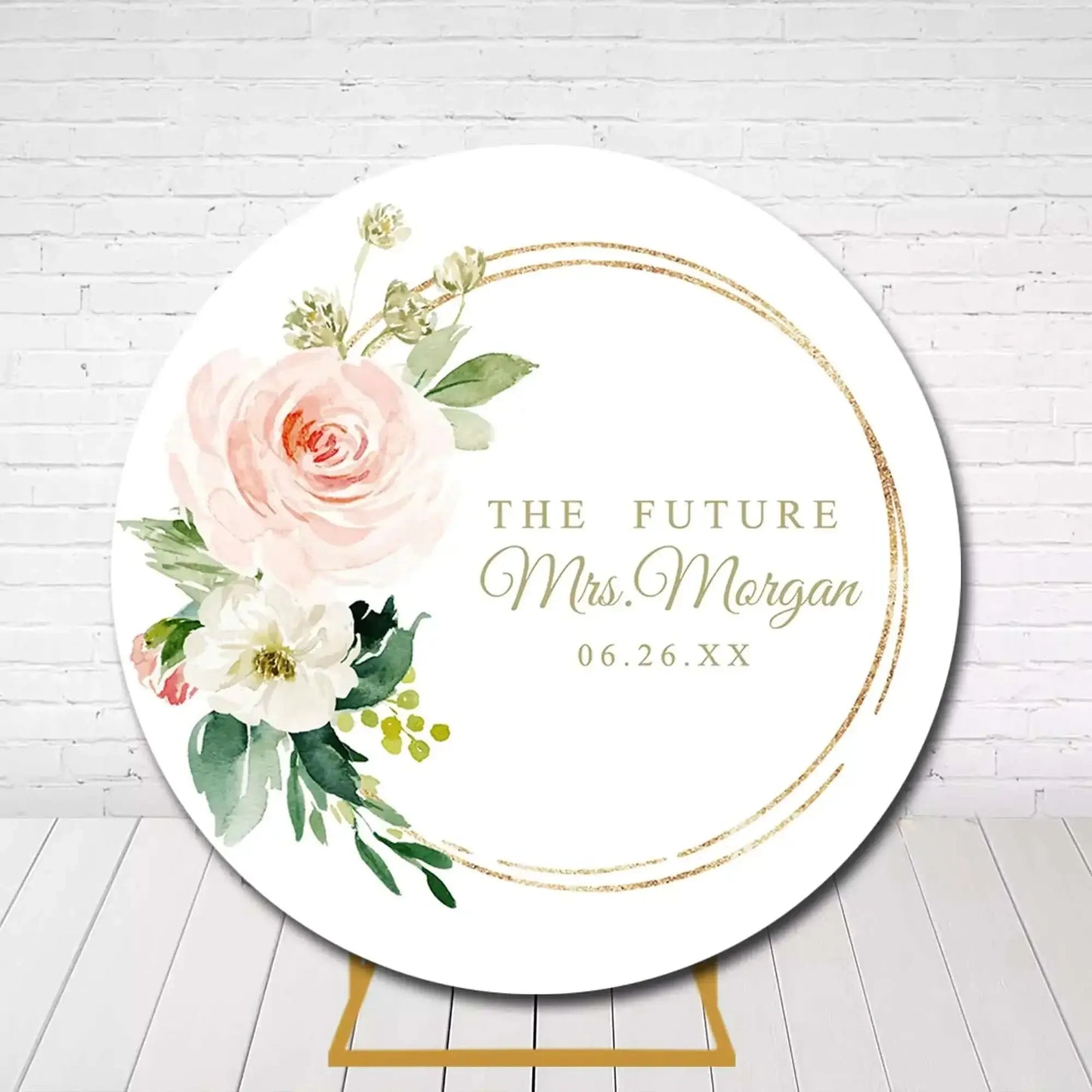 Custom floral backdrop for bridal shower with "The Future Mrs." and wedding date